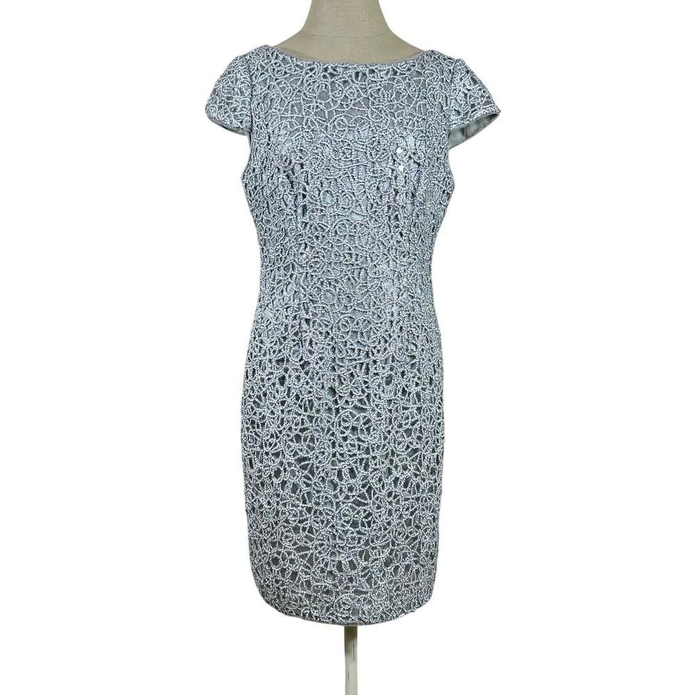 Simply Liliana Silver Lace Sequin Sheath Dress Womens 10 Cap Sleeve Formal